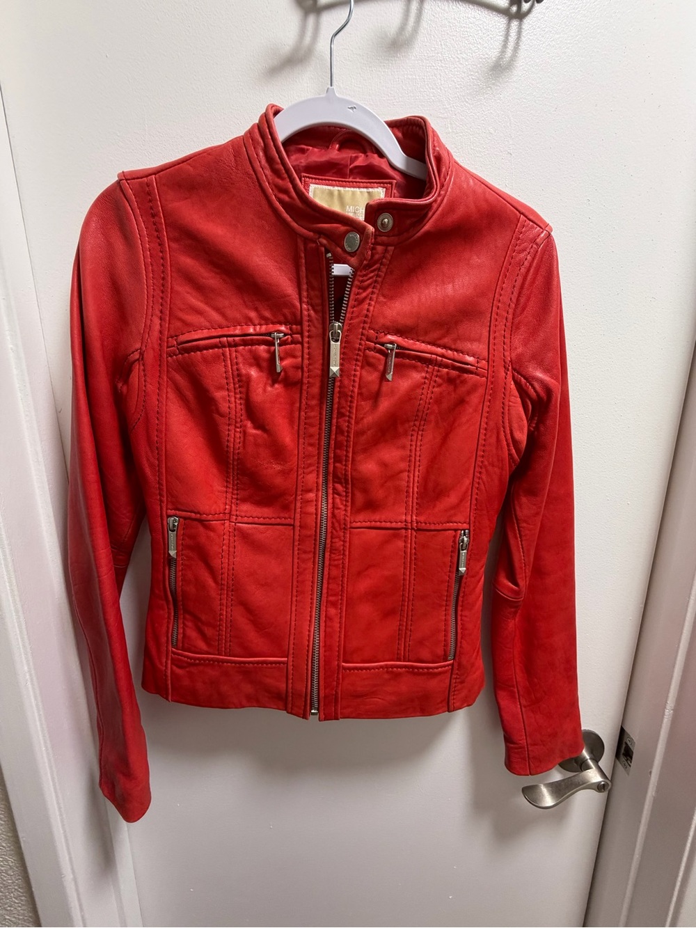 Michael Kors Red Genuine Leather Moto Jacket XS